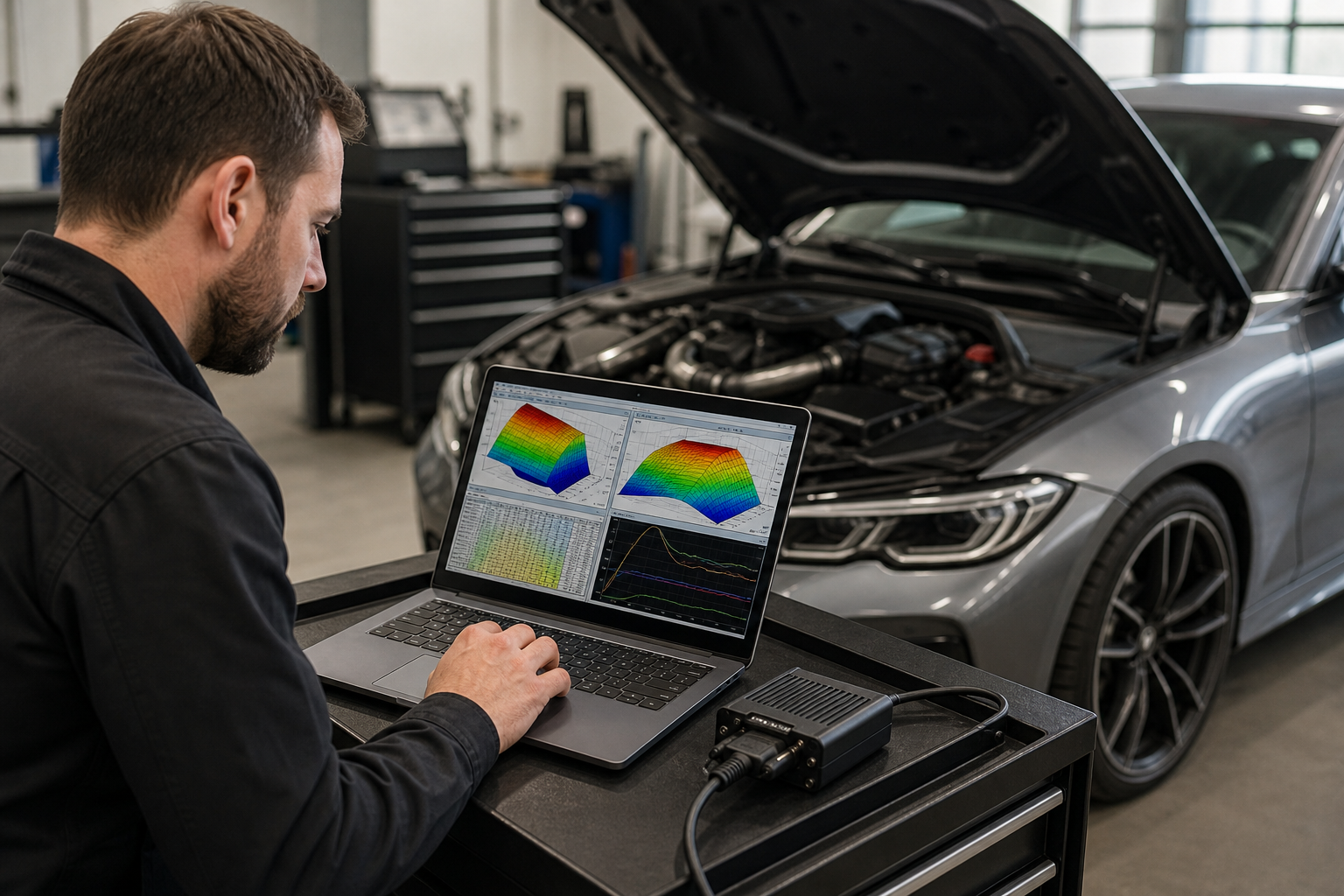 Technician comparing custom remap data with a generic tuning file