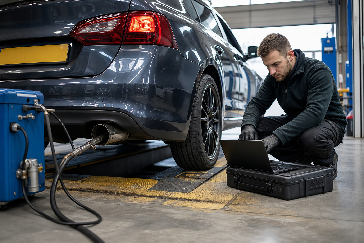 Remapped car undergoing an MOT emissions inspection in a UK workshop