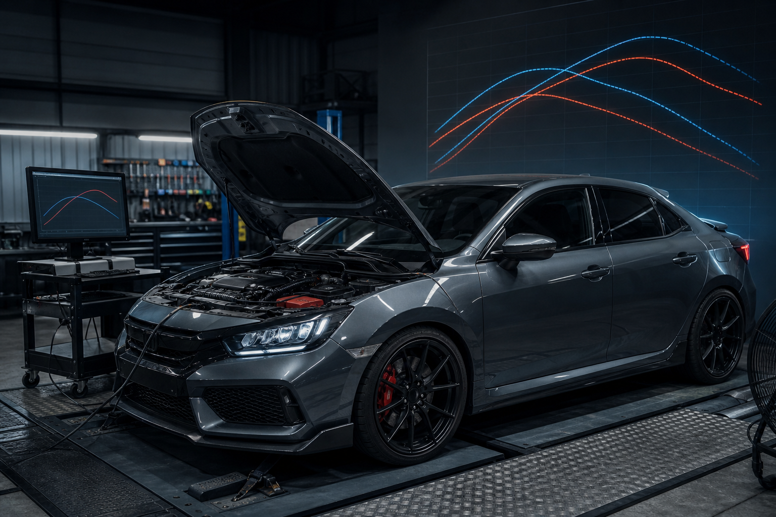 Car undergoing diagnostic checks to assess potential Stage 1 remap gains