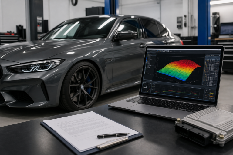 Car, ECU tuning laptop and insurance documents before a remap