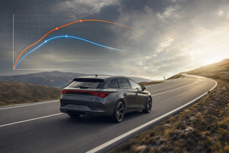 Car driving uphill with torque and power curves illustrating ECU remap drivability