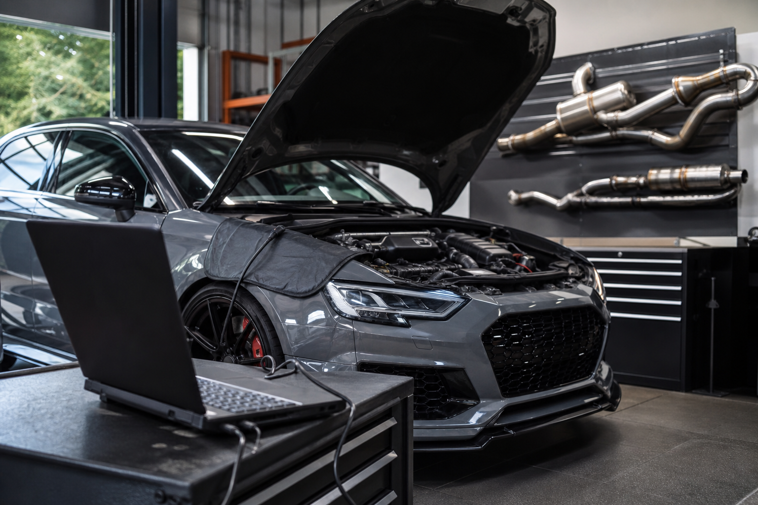 Modified car undergoing ECU and emissions-system diagnostics during the 2026 consultation