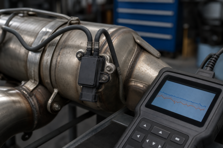 DPF differential pressure sensor, pressure hoses and scan-tool live data during diesel diagnostics