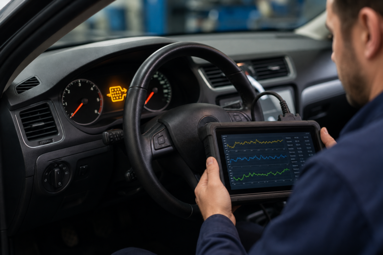 DPF warning light and diagnostic scan tool showing failed regeneration checks