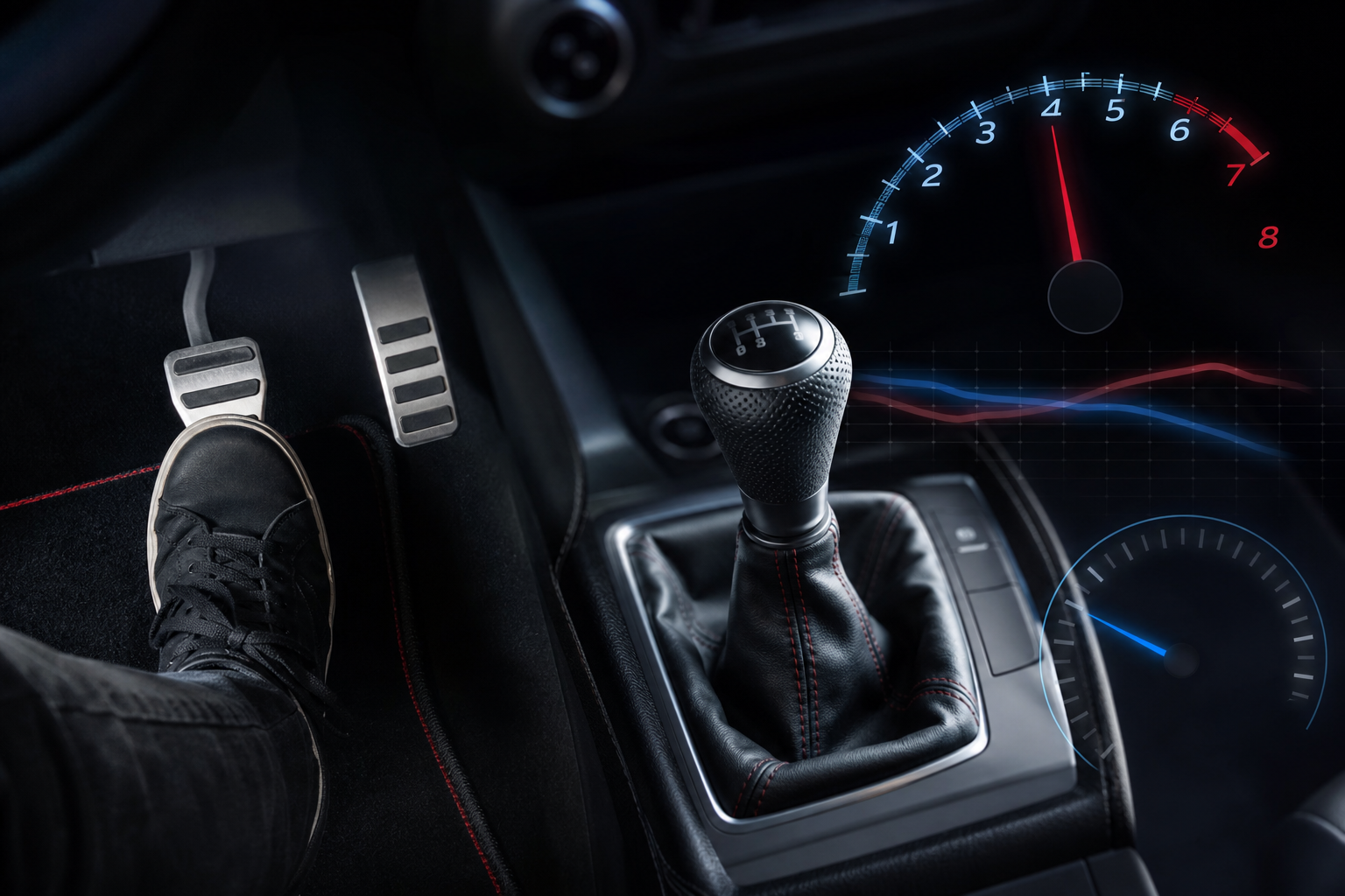 Manual car gear lever and clutch pedal illustrating clutch slip considerations before ECU remapping
