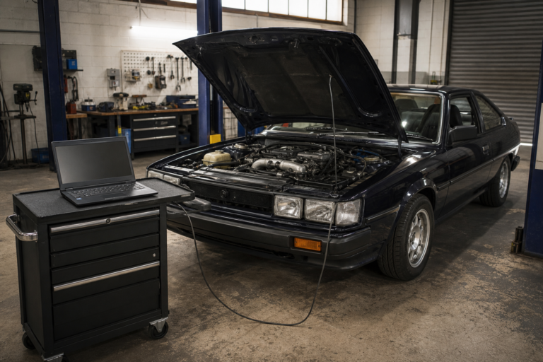 Older car undergoing ECU diagnostics before remapping