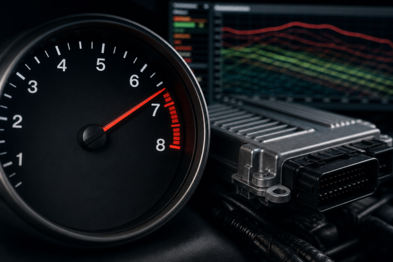 Vehicle tachometer near the red line illustrating a hardcut limiter versus a standard rev limiter